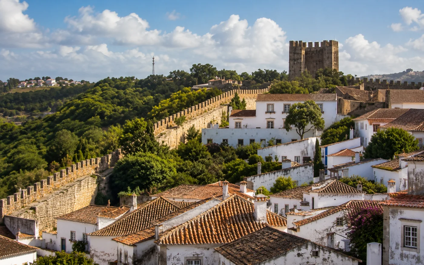 Historic walls and whitewashed houses in Obidos, an optional stop on a Lisbon to Porto private transfer